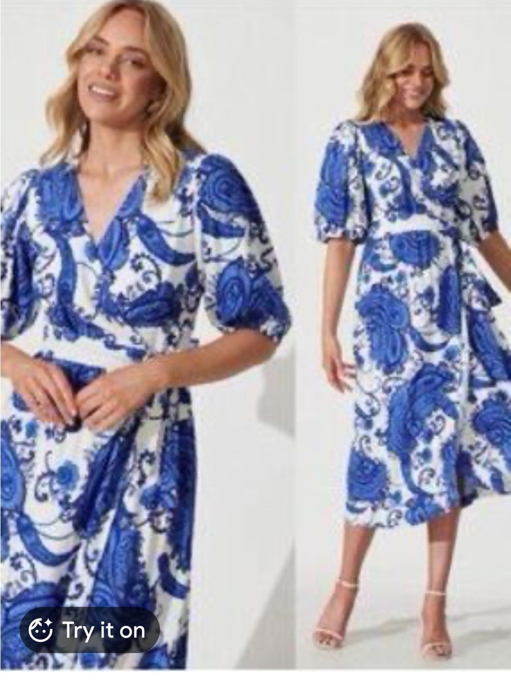 White Closet Paisley Wrap Cobalt Blue Linen Blend Puff Sleeve Midi Wrap Dress, S